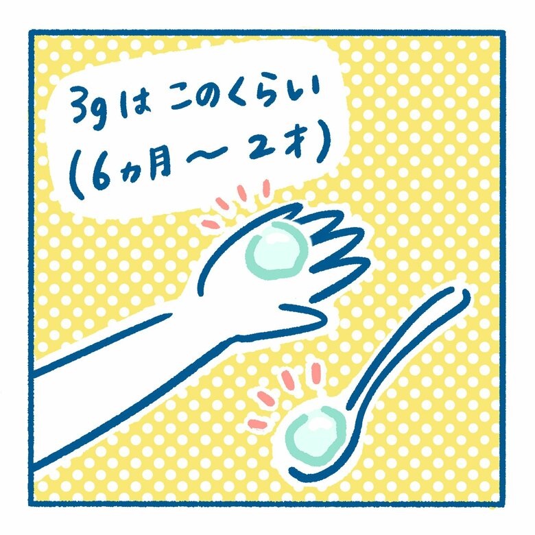 ② 生後6ヵ月〜2歳の使用量の目安は3g（ティースプーン1杯分くらい）