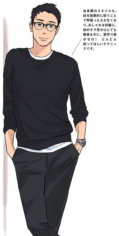 「一見、計算していない自然体のファッションのようですが、裏ではおしゃれに見える白の分量を緻密に計算したおしゃれなコーディネート」（山本さん）