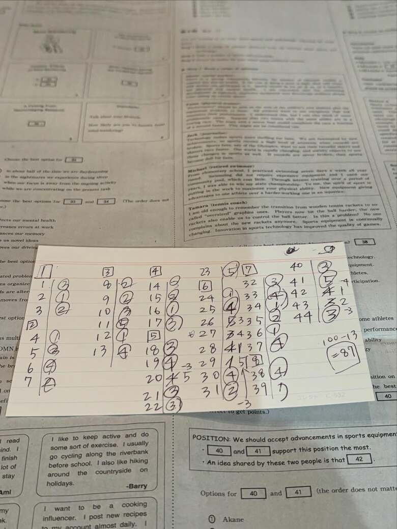 鈴木さんの2026年大学共通テストの英語の解答。右下に「87」と点数も