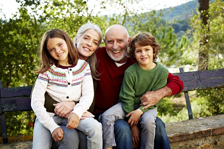 Grandparents and grandchildren sitting in park