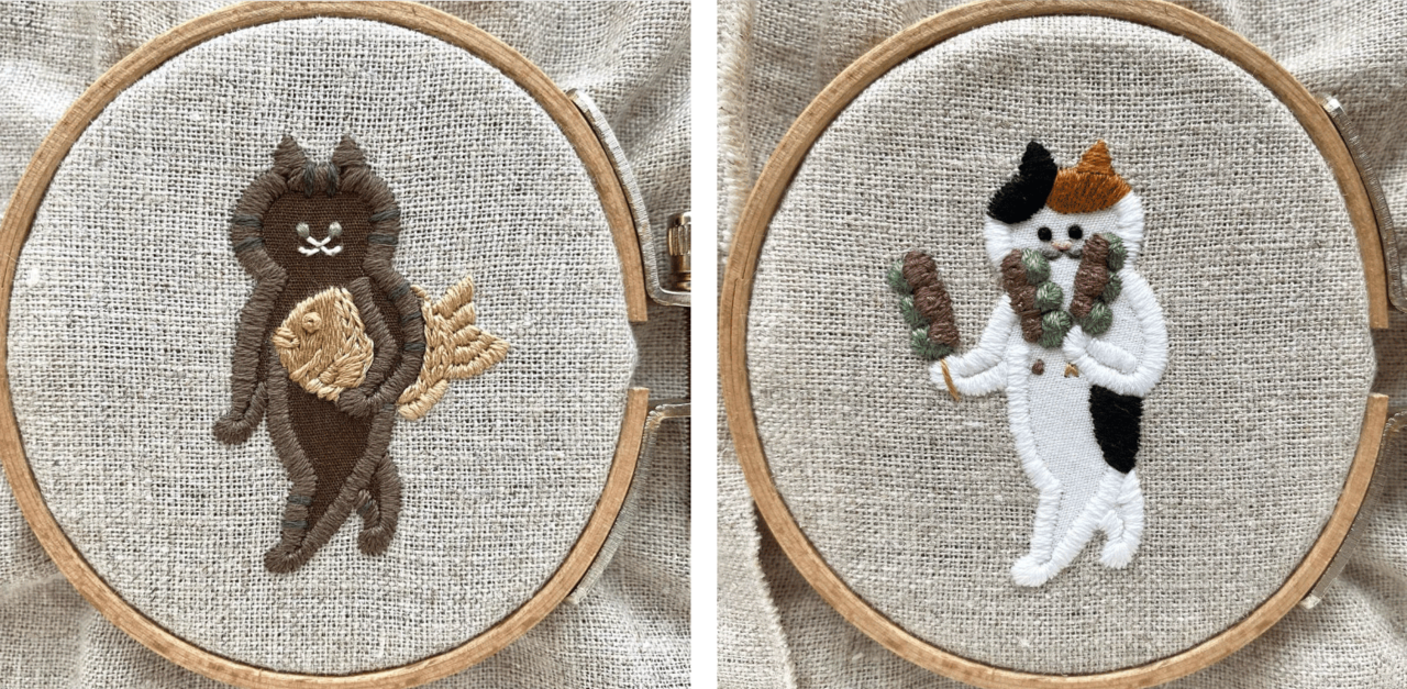 「運ぶねこ」シリーズの刺繍作品