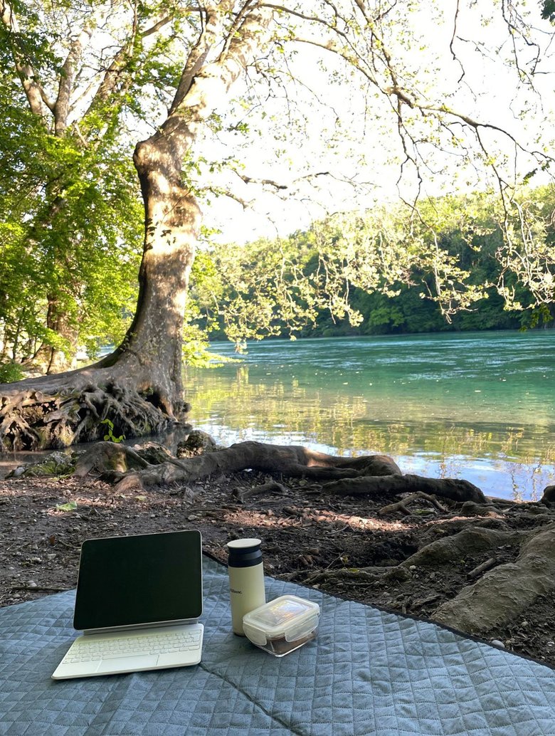 緑がある場所にいると気持ちが上向くと脳科学的に示されているため、自然の中で仕事をすることも