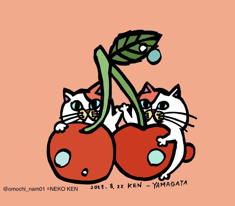 さくらんぼの生産量が日本一の山形県！！ という訳で、さくらんぼネコだよ～！！（なみそさんのXの投稿より）