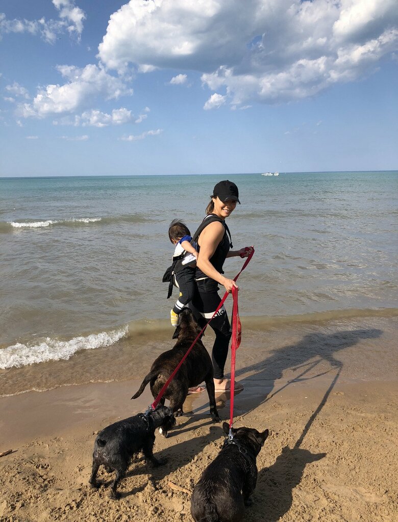 ビーチで愛犬の散歩をするダルビッシュ聖子さん