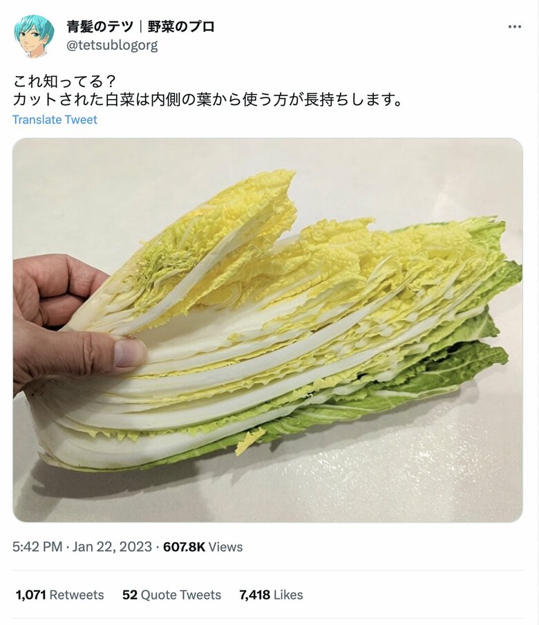 青髪のテツさんの投稿「カット白菜が長持ちする方法」