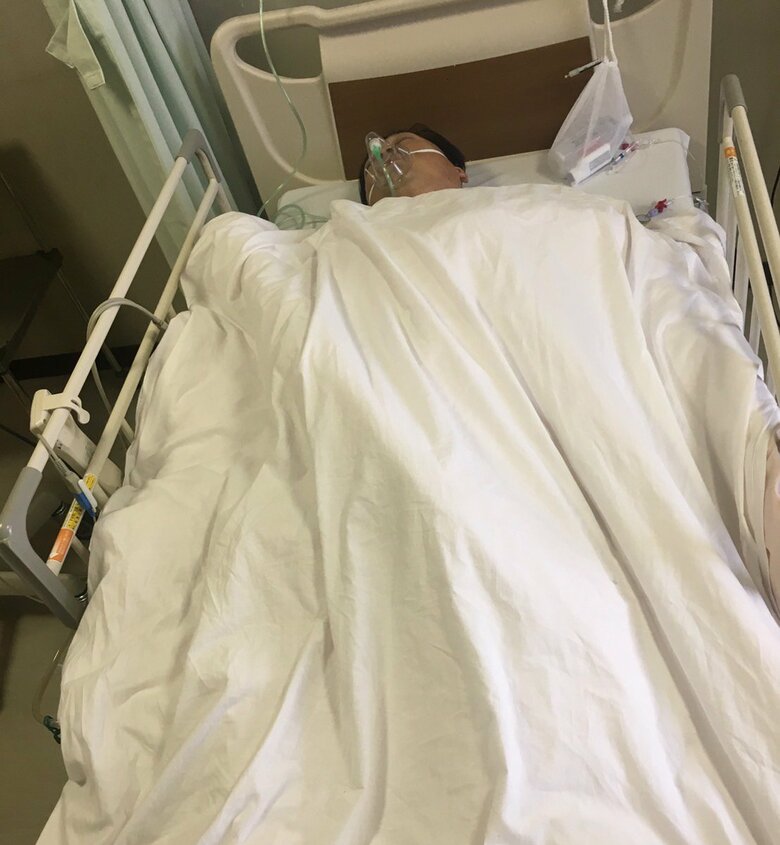 2017年腎臓がんの手術後。酸素マスクをつけて