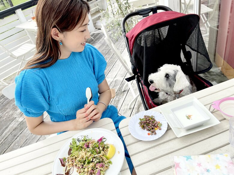 見つめ合う様子から信頼関係が伝わる！有村実樹さんと愛犬のイリスのお食事ショット