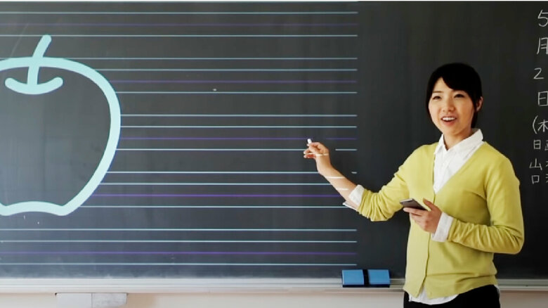 黒板用アプリ「Kocri」の使用例。図や文字が素材にあり、投影するだけで板書する手間を省く