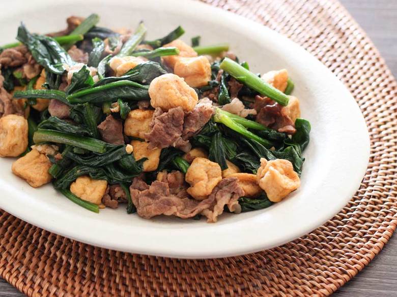 牛肉と麩、ほうれんそうのバター炒め