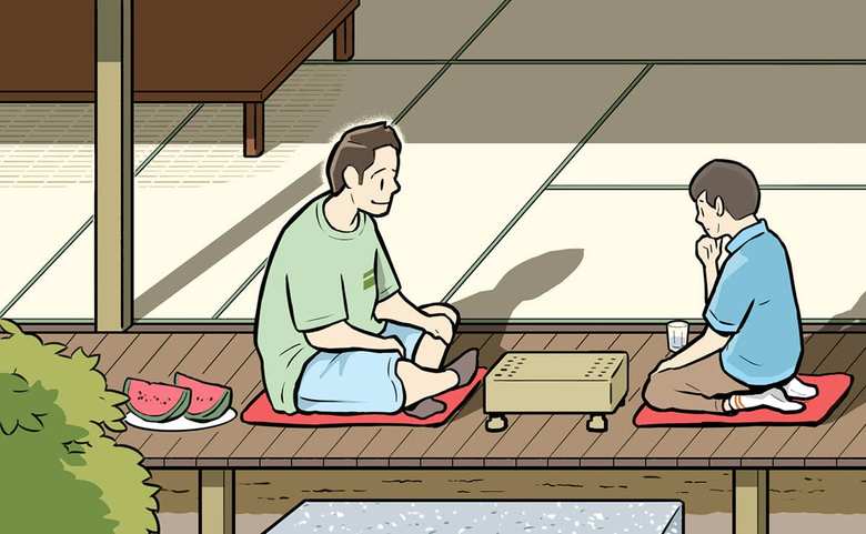 夏の縁側で将棋をする父子
