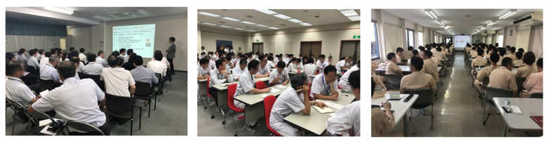 左から、支店での説明会の様子、研究所での説明会の様子、工場での説明会の様子　