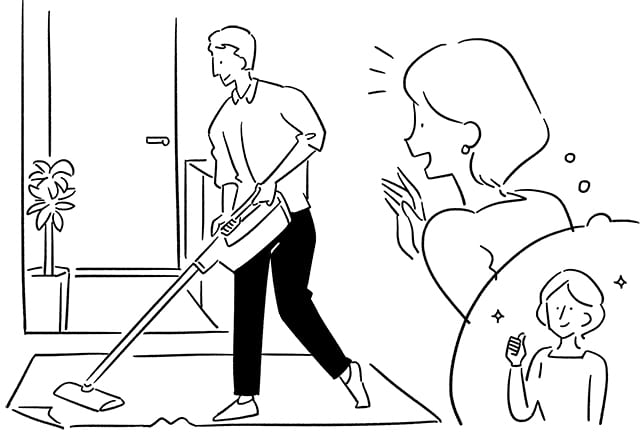 家事をする夫に声をかける妻のイラスト
