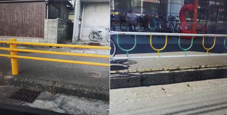 （左）山口県。夏みかん色のようなガードレール、（左）相模原市。緑は市の色、黄色はなんだろう？と岡元さん