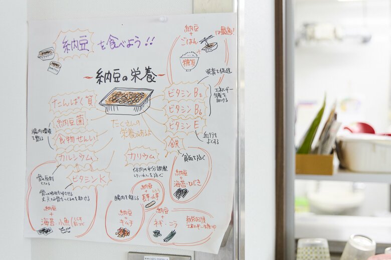 「納豆を食べよう！！」寮には京子さん手書きの張り紙も