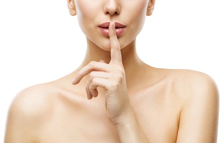 78595976 - woman finger on mouth, quiet lips silence sign, face beauty and skin care secret