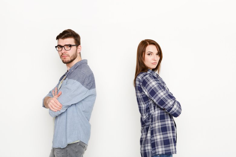 Break up, upset couple back to back after quarrel