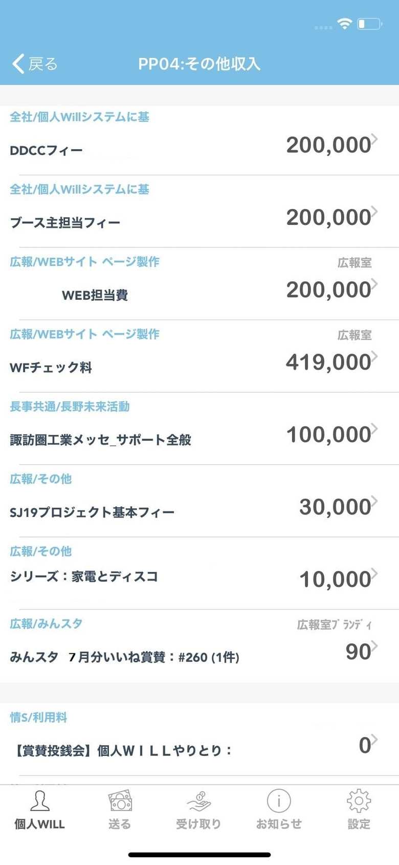 個人Willの収入や支出は、社有スマホのアプリで確認できる。上はある広報担当者の収入画面。「WFチェック料」は種々の承認申請内容をチェックする仕事のフィーのこと（WFはワークフローの略）。「シリーズ：家電とディスコ」という記載は、『家電とディスコ』というシリーズコラムの執筆フィーを指す。
