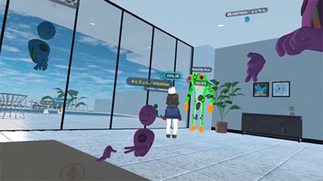 VRゴーグルのみ（PC接続なし）で参加すると、上のような画面が見える。PCに接続している場合とアバターの見え方が違うが、会話を楽しむぶんには困らない。