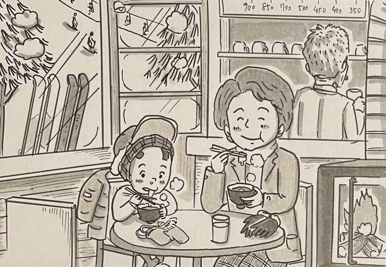 スキー場の喫茶店でおしるこを食べる鉄拳さんとお母さん