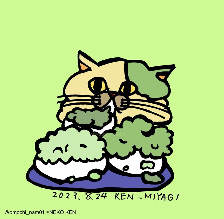 郷土料理のずんだ餅が有名な宮城県！！ ずんだ餅ネコだよ～！！（なみそさんのXの投稿より）