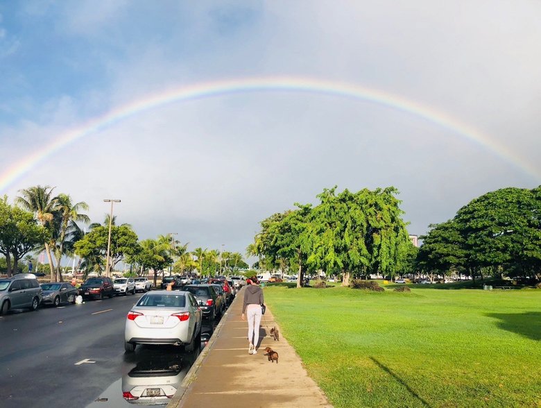 これぞハワイ！大きな虹の下で愛犬の散歩をするSHIHOさん