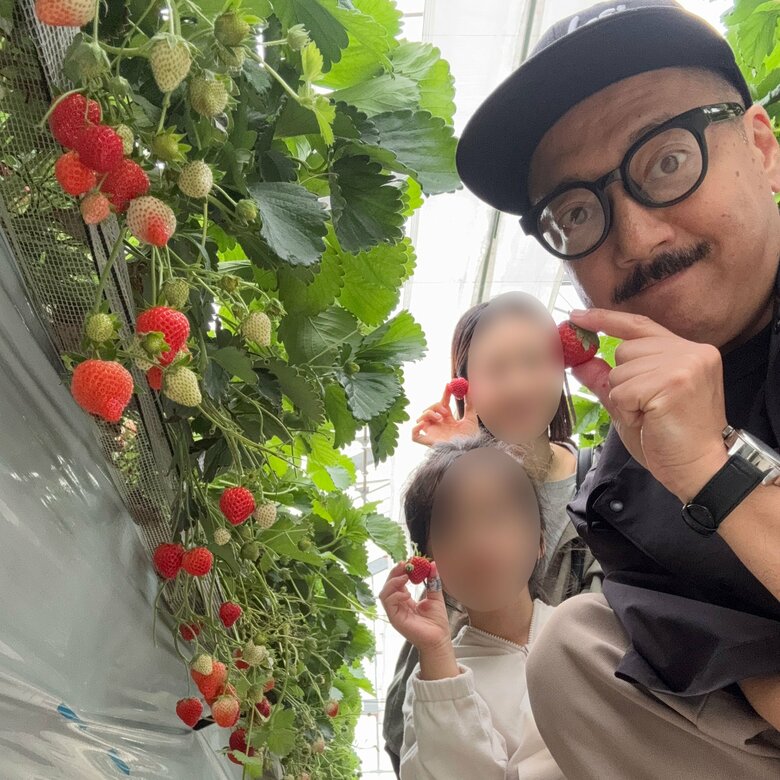 家族でイチゴ狩りを楽しむ