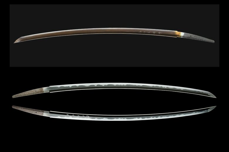上が漆が塗られた状態、下が漆を剥がした後の村正の様子。綺麗な刃文が確認できる