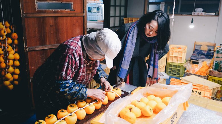福島の特産品、あんぽ柿の製造過程を見学する小林さん（写真右）