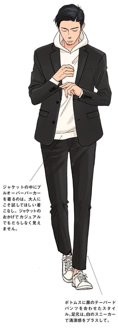 「プルオーバーパーカーとスニーカーは誰でもお持ちのアイテムかと思いますが、そこにジャケットが入るだけで雰囲気が落ち着いて見えます」（山本さん）