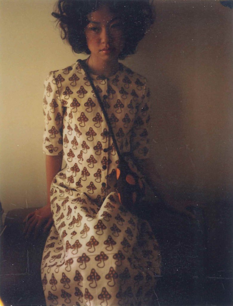 ブランド初期に作成したワンピース。オリジナルのキノコモチーフを1点1点転写プリントした