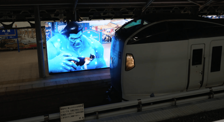 猫を撫でて立ち去る巨大力士