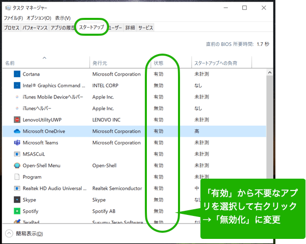 スタートアップの無効化