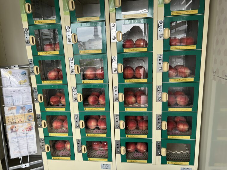 街中で見受けられる桃の自販機（C）福島市観光コンベンション協会