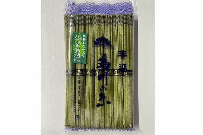 9/山口「手延素麺　菊川の糸　角島産ワカメ入」（加島製麺所）下関の水産品の名所である角島の天然ワカメを自家製粉し手延の麺にたっぷり練り込んだ。ワカメの風味としっかりとしたコシの強さが自慢。