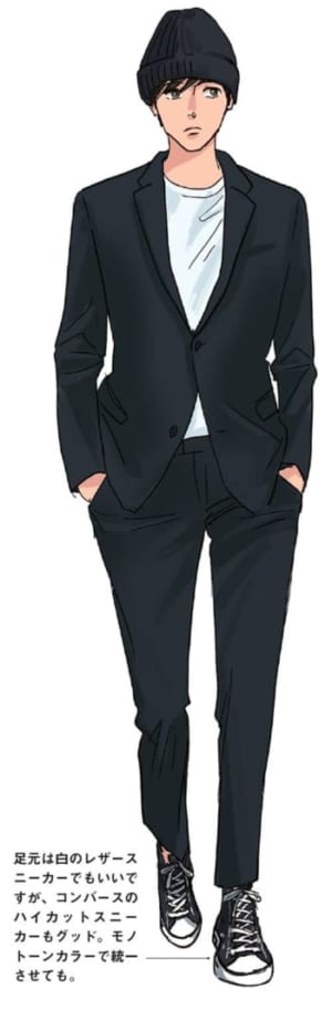 「全身黒スタイルにインナーだけ白を入れることで、抜け感のある、しゃれたコーディネートに」（山本さん）